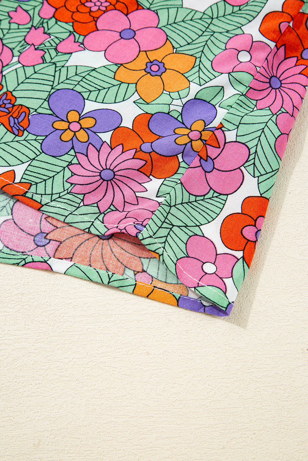 Red Floral Tie Split Neck Ruffle Puff Sleeve Blouse