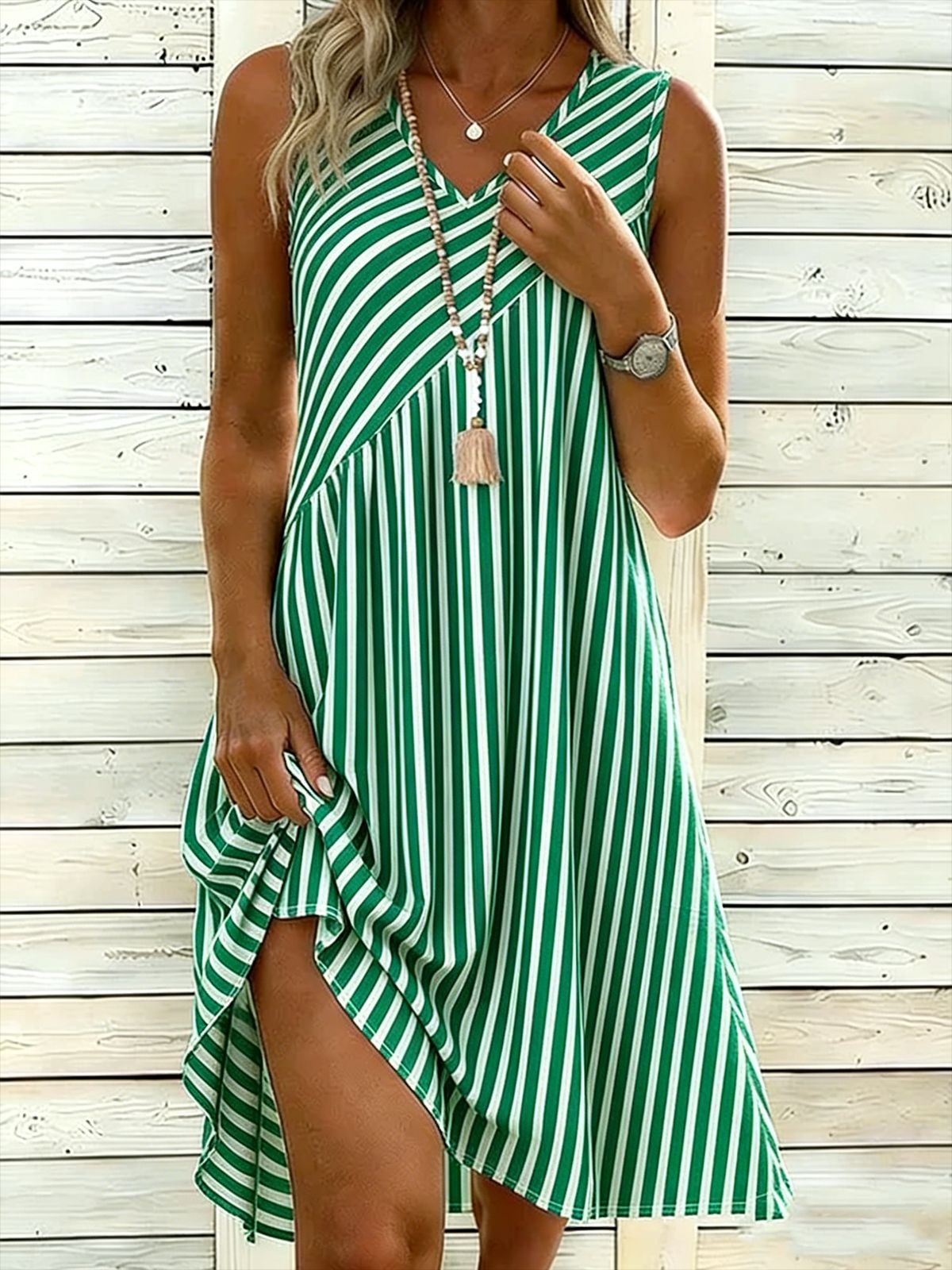 3D Printed Striped Casual Loose Fitting Dress
