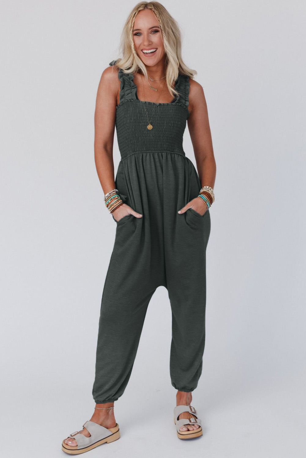 Gray Smocked Ruffled Straps High Waist Sleeveless Jumpsuit
