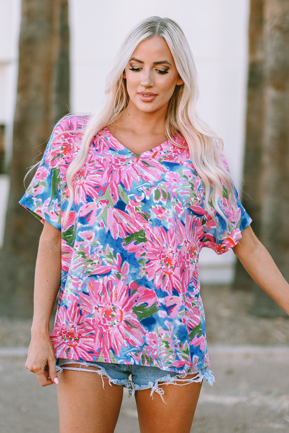 Pink Floral Print Buttoned V Neck Shirt
