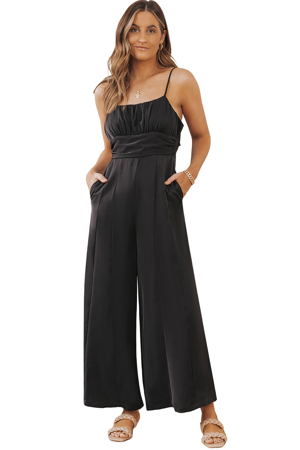 Orange Spaghetti Straps Backless Knot Wide-Leg Jumpsuit