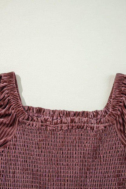 Blackish Green Smocked Ribbed Velvet Babydoll Top