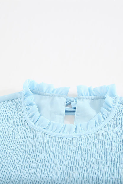 Green Tiered Sleeve Frilled Neck Dotted Top