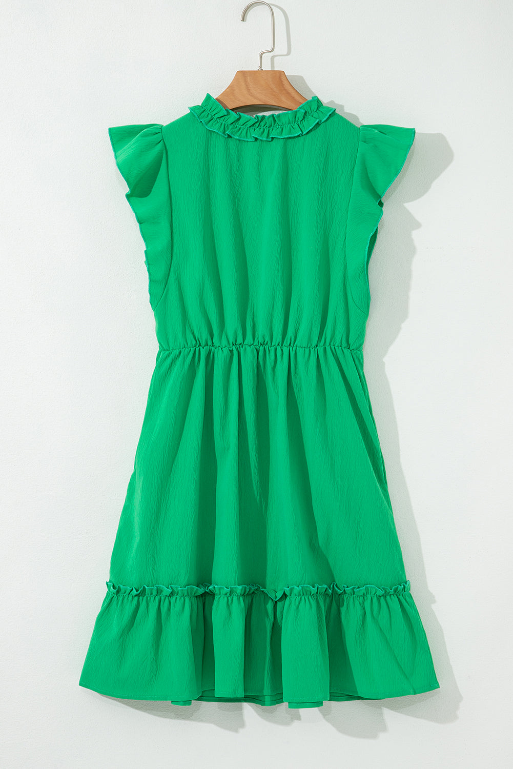 Bright Green Split V Neck Elastic Waist Ruffled Dress