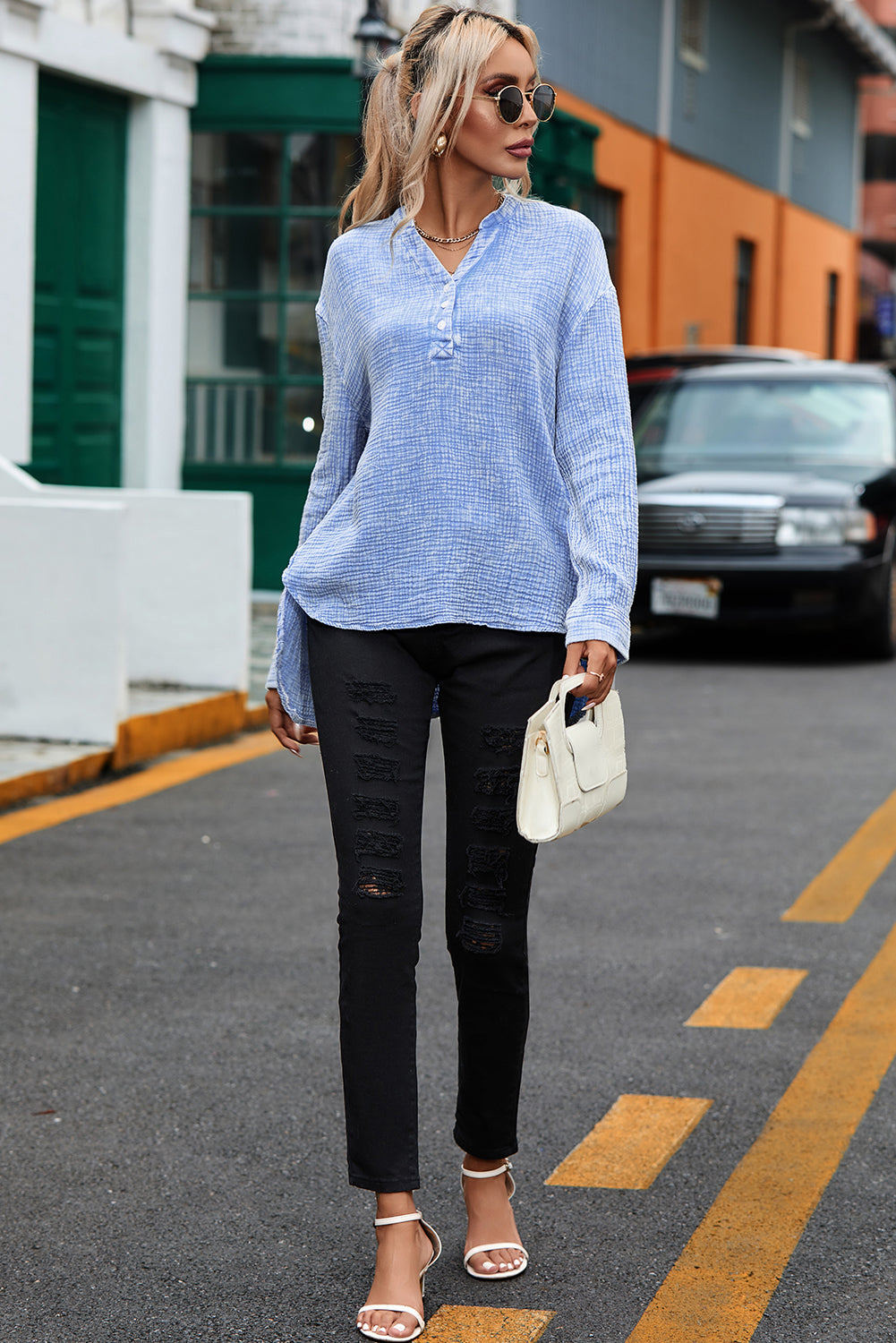 Light Blue Plus Size Split Neck Buttons Crinkled Blouse