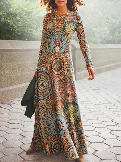Women's Cotton Printed Round Neck Wide Hem Long Sleeve Dress