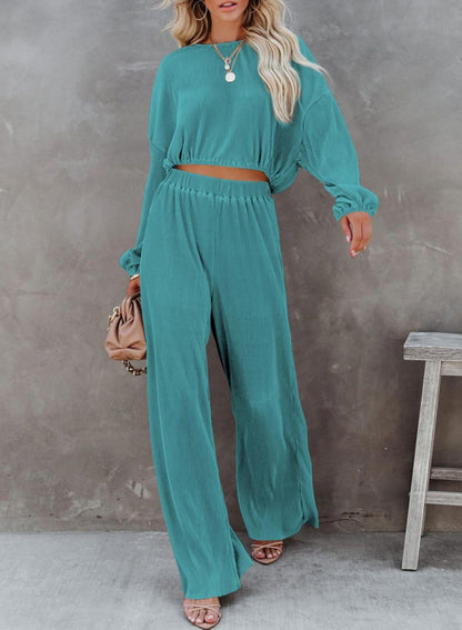 Women's Round-neck Long Sleeve Short Top And Wide Leg Pants Suit