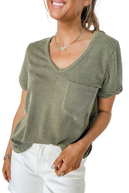 Carbon Grey Twist Short Sleeve Corded V Neck Top