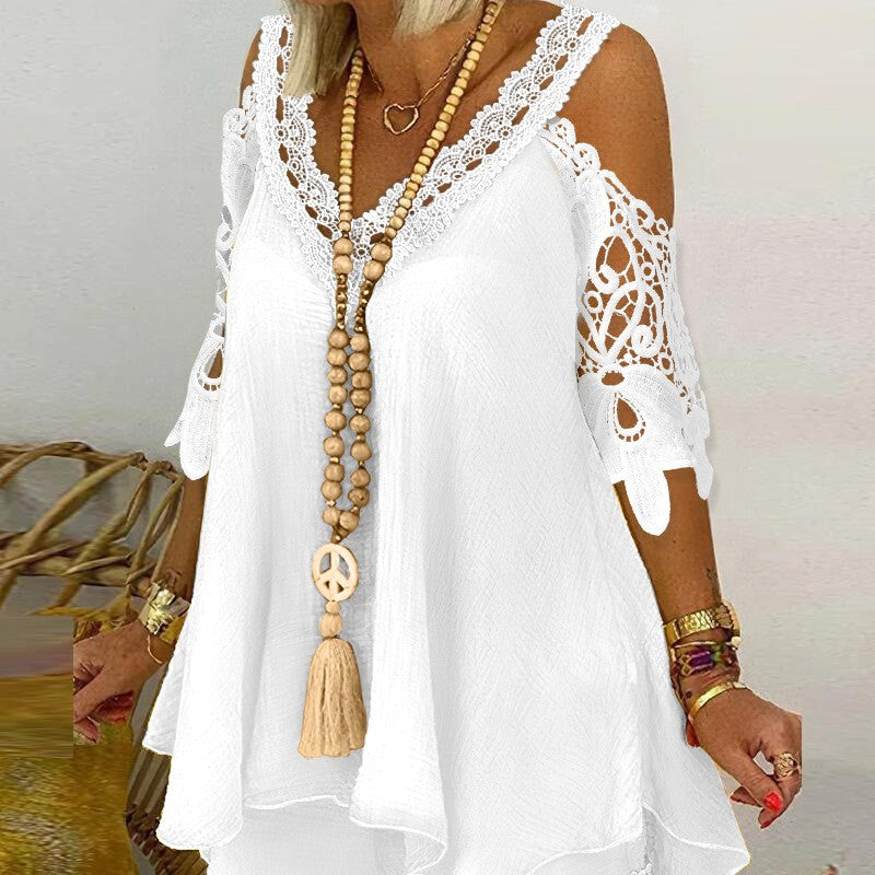 Lace Patchwork Cold-shoulder Top Pants Suit