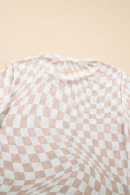 Khaki Checkered Pattern Mesh Mock Neck Long Sleeve Top