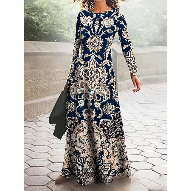 Women's Cotton Printed Round Neck Wide Hem Long Sleeve Dress