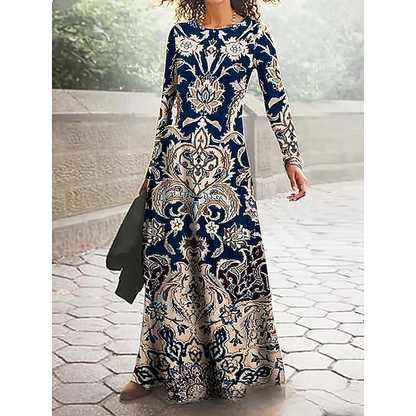 Women's Cotton Printed Round Neck Wide Hem Long Sleeve Dress