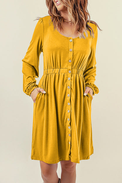 Orange Button Up High Waist Long Sleeve Dress