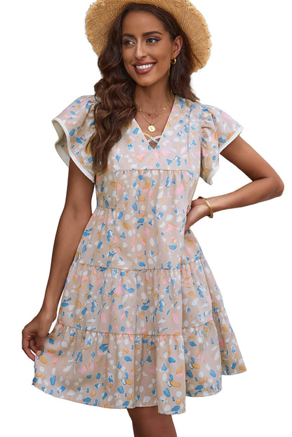 Rose Printed Crisscross Decor V Neck Flutter Sleeve Dress