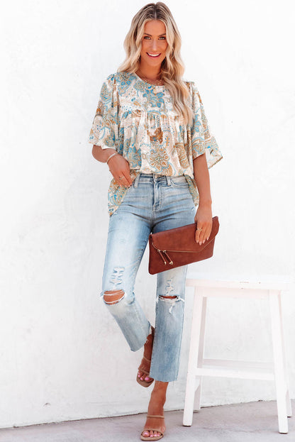 Sky Blue Paisley Pattern Print Drawstring V Neck Blouse
