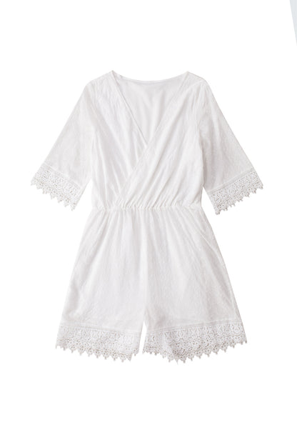 White V Neck Lace Trim Embroidered High Waist Romper
