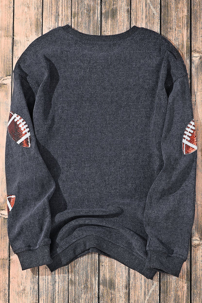 Black Sequin Rugby Graphic Pullover Sweatshirt