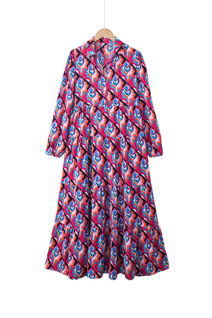 Multicolor Abstract Geometric Print Long Sleeve High Waist Dress