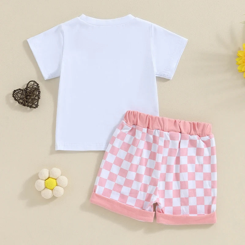 English Letter Short Sleeve Tie-neck Plaid Shorts Children Suit