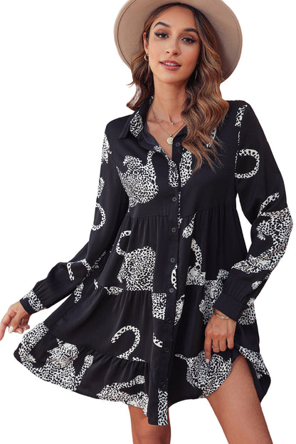 Black Plus Size Cheetah Print Puff Sleeve Ruffle Mini Dress