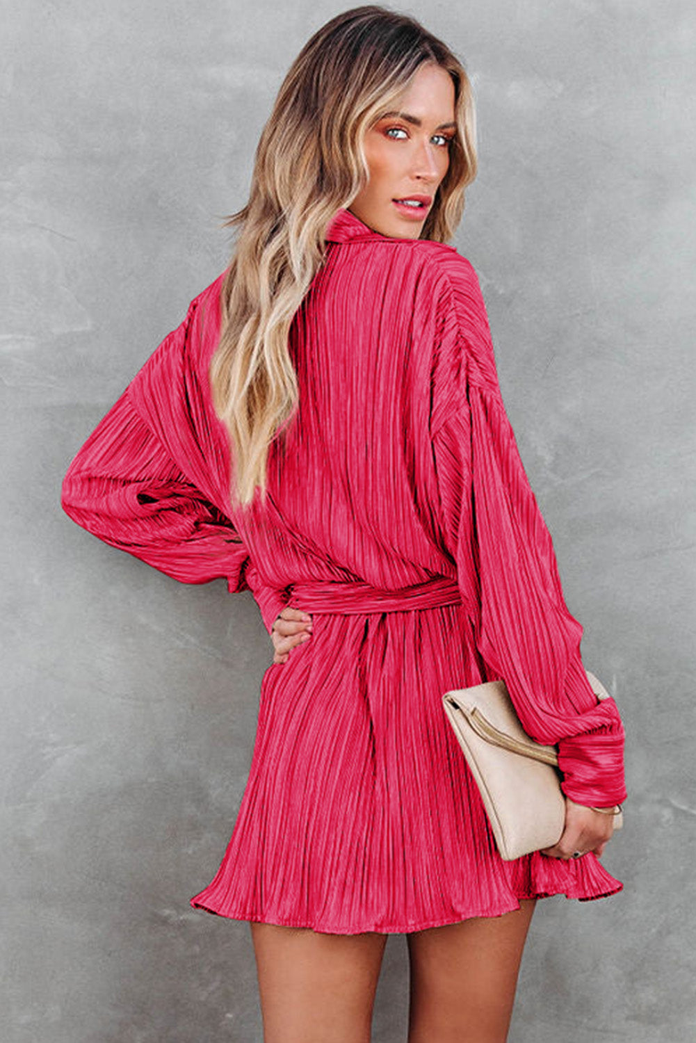 Rose Pleated Long Sleeve Buttoned Drawstring Romper