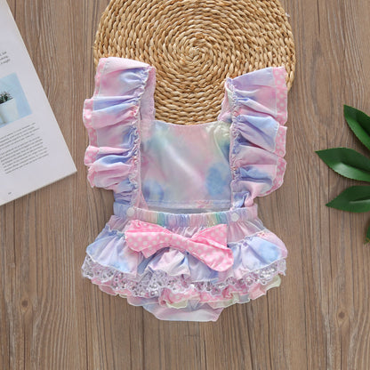 Woven Cotton Printed Colorful Girls' Bag Buckle One-piece Romper Romper Children's Clothing