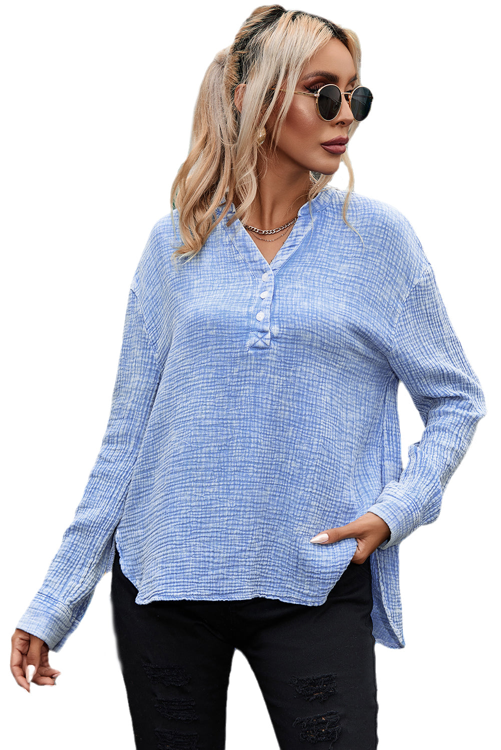 Light Blue Plus Size Split Neck Buttons Crinkled Blouse