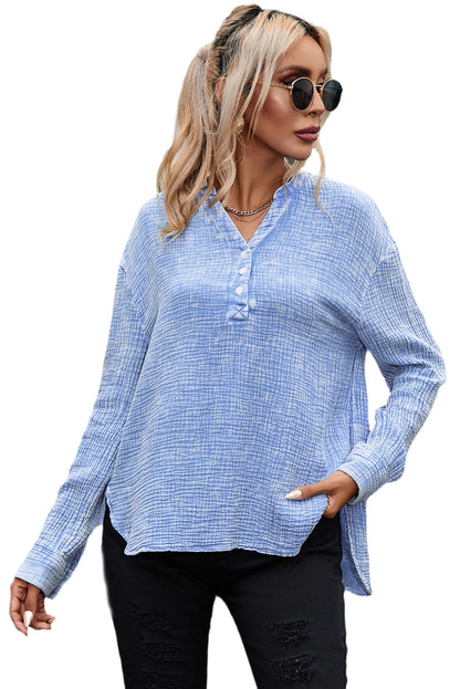 Light Blue Plus Size Split Neck Buttons Crinkled Blouse