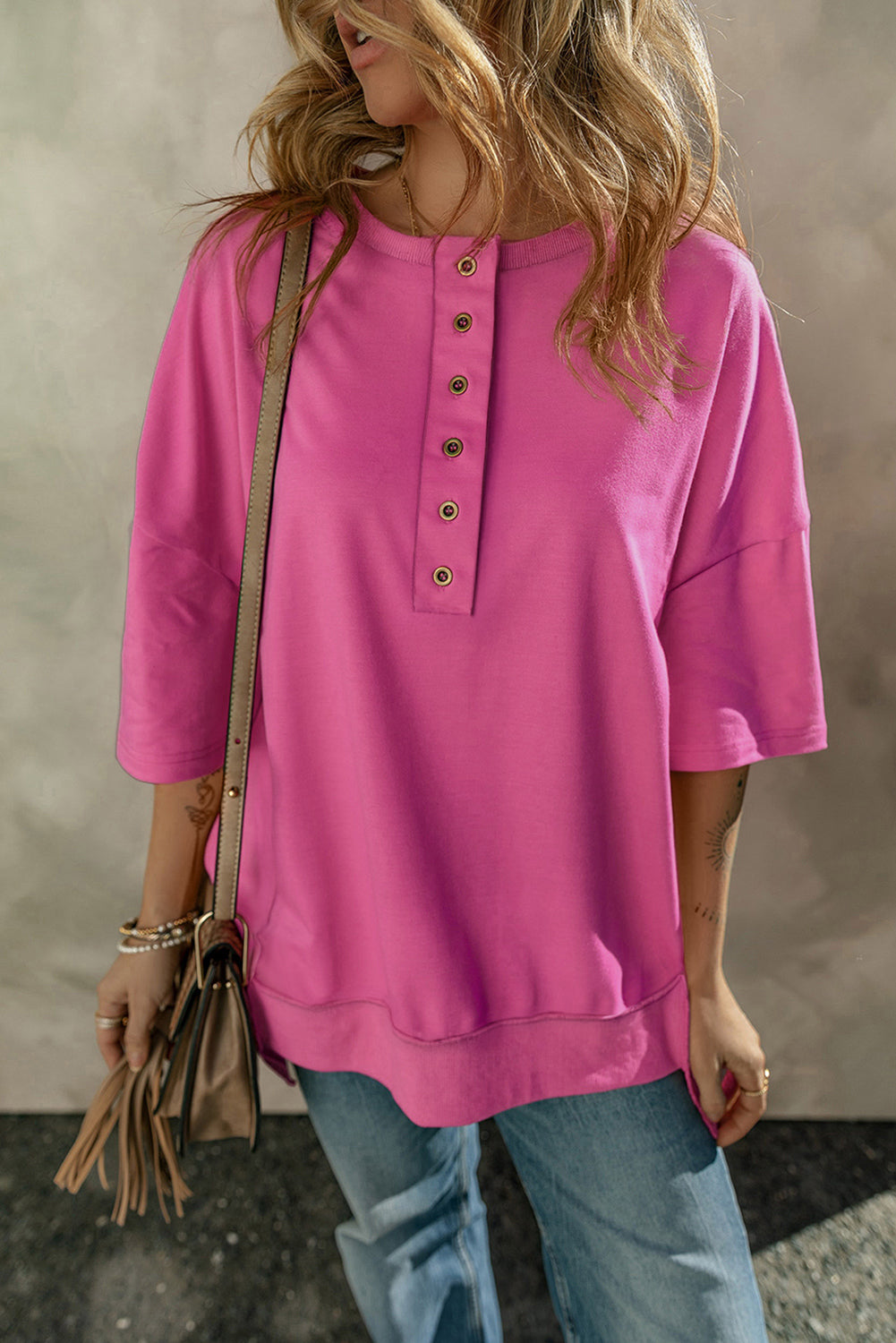 Rose Red Exposed Seam Button Neck Wide Sleeve Tunic Top