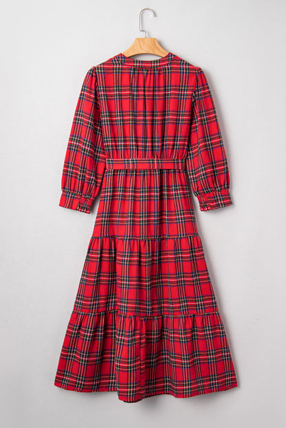 Red Christmas Plaid V Neck 3/4 Sleeve Tie Waist Ruffle Hem Long Dress