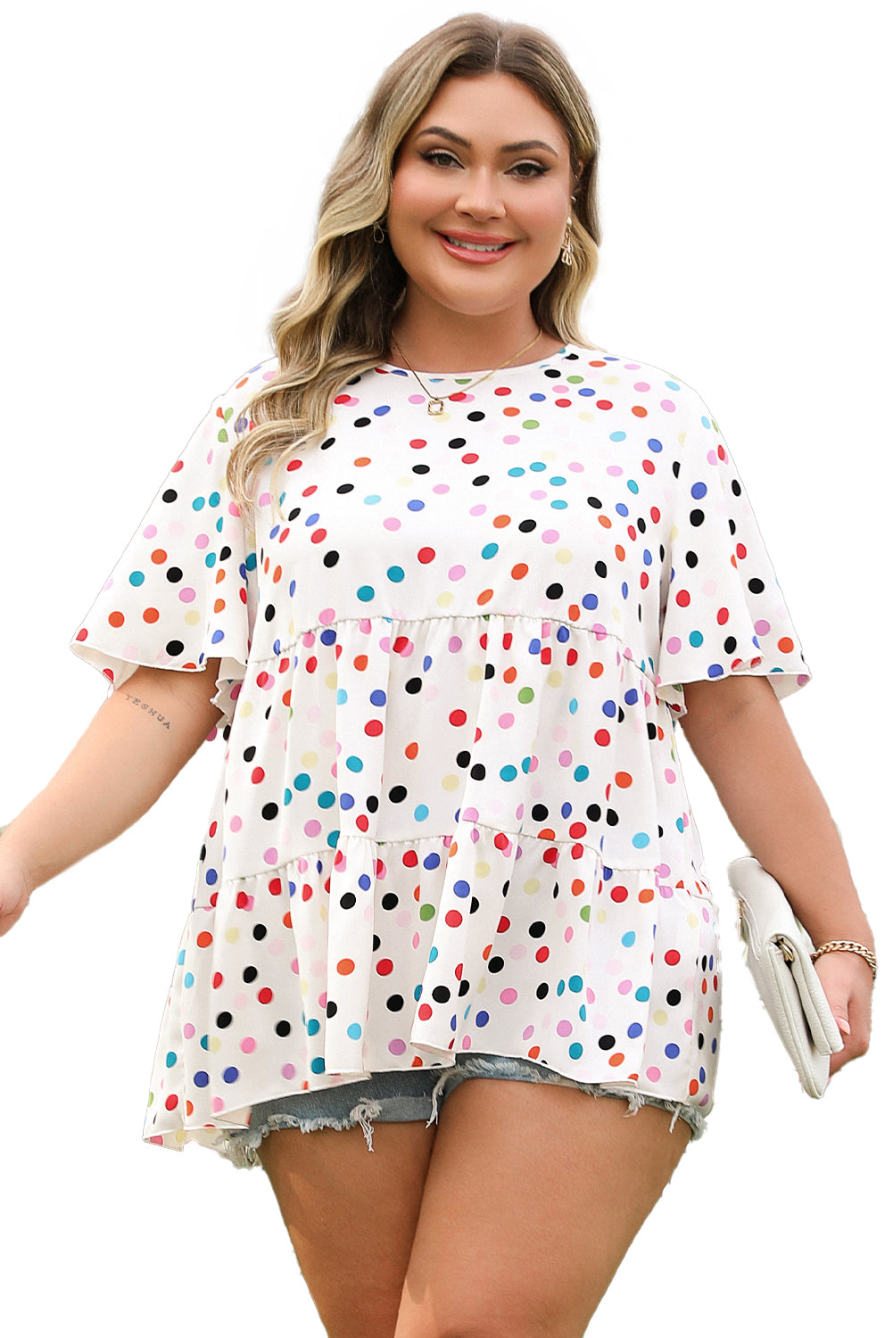 Beige Colorful Polka Dot Print Short Sleeve Ruffled Plus Size Babydoll Blouse