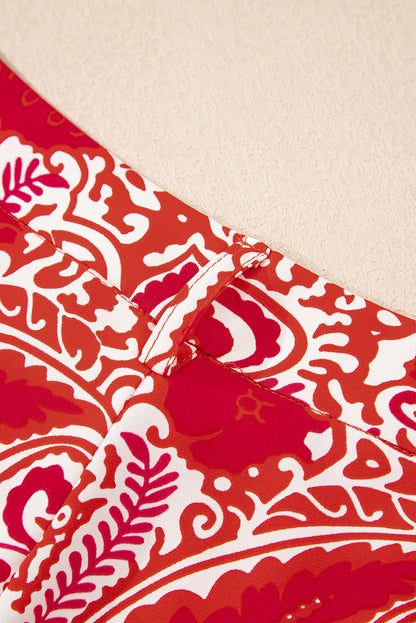 Red Paisley Printed Buttoned High Waist Straight Leg Pants