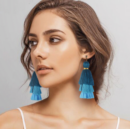 Cotton tassel three-layer gradient color tassel earrings earrings