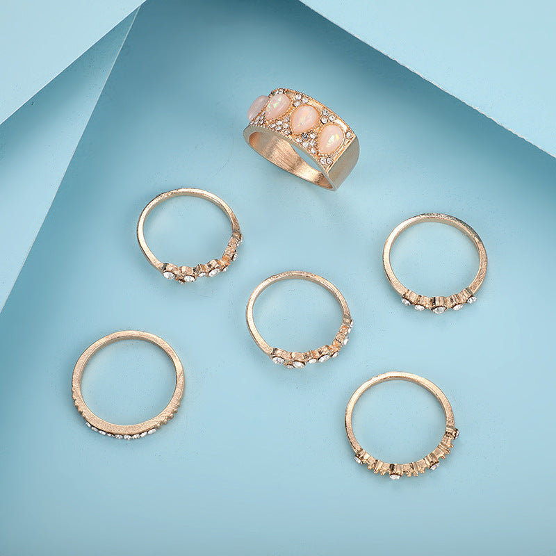 European And American Style Jewelry Diamond Drop-Shaped Opal Ring Set Of 6