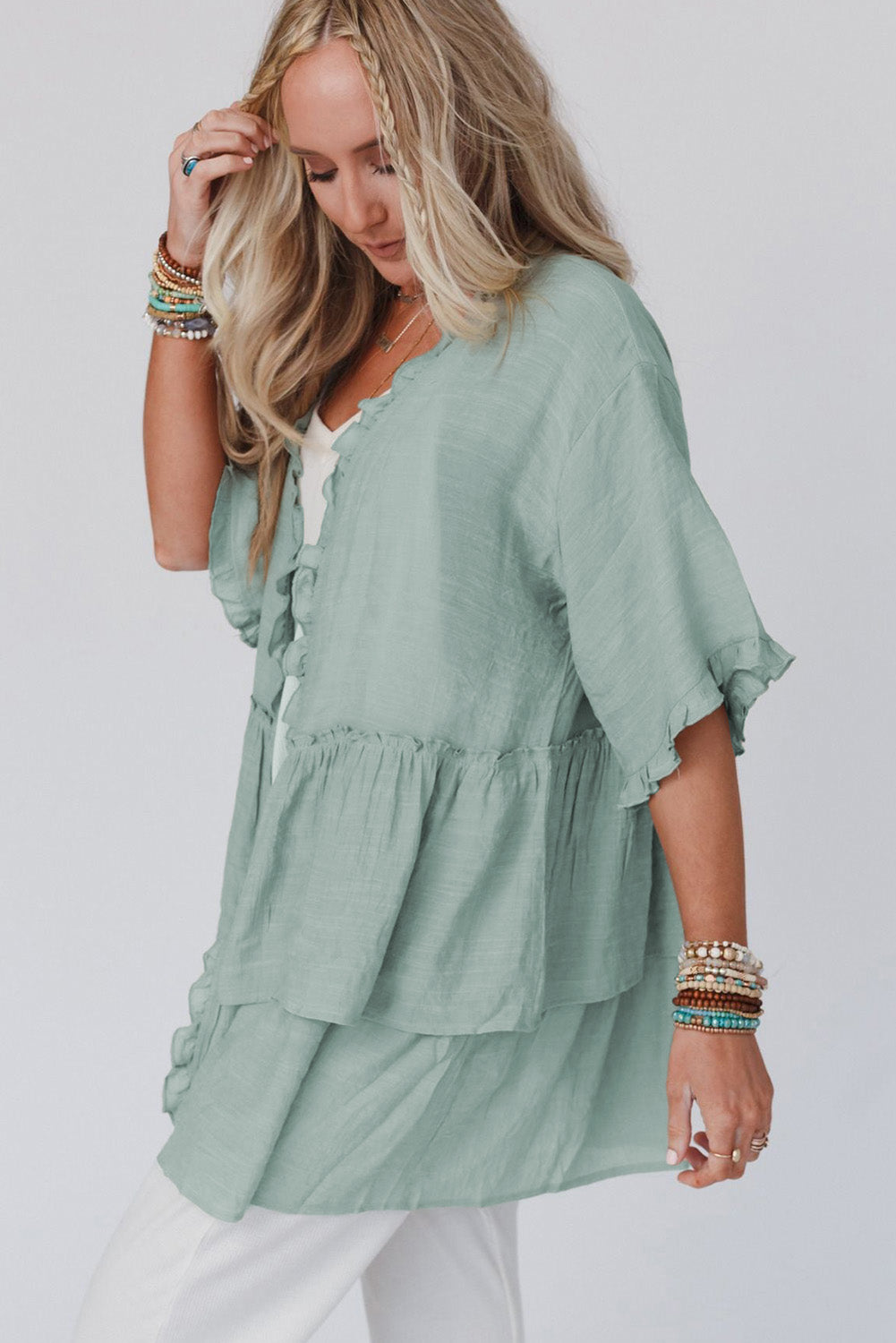 Gray Ruffled Trim Half Sleeve Open Front Kimono