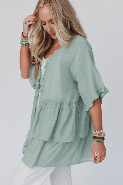 Gray Ruffled Trim Half Sleeve Open Front Kimono