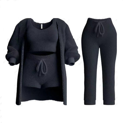 Autumn And Winter New Knitted Plush Long Sleeve Coat Vest Shorts Four-piece Set