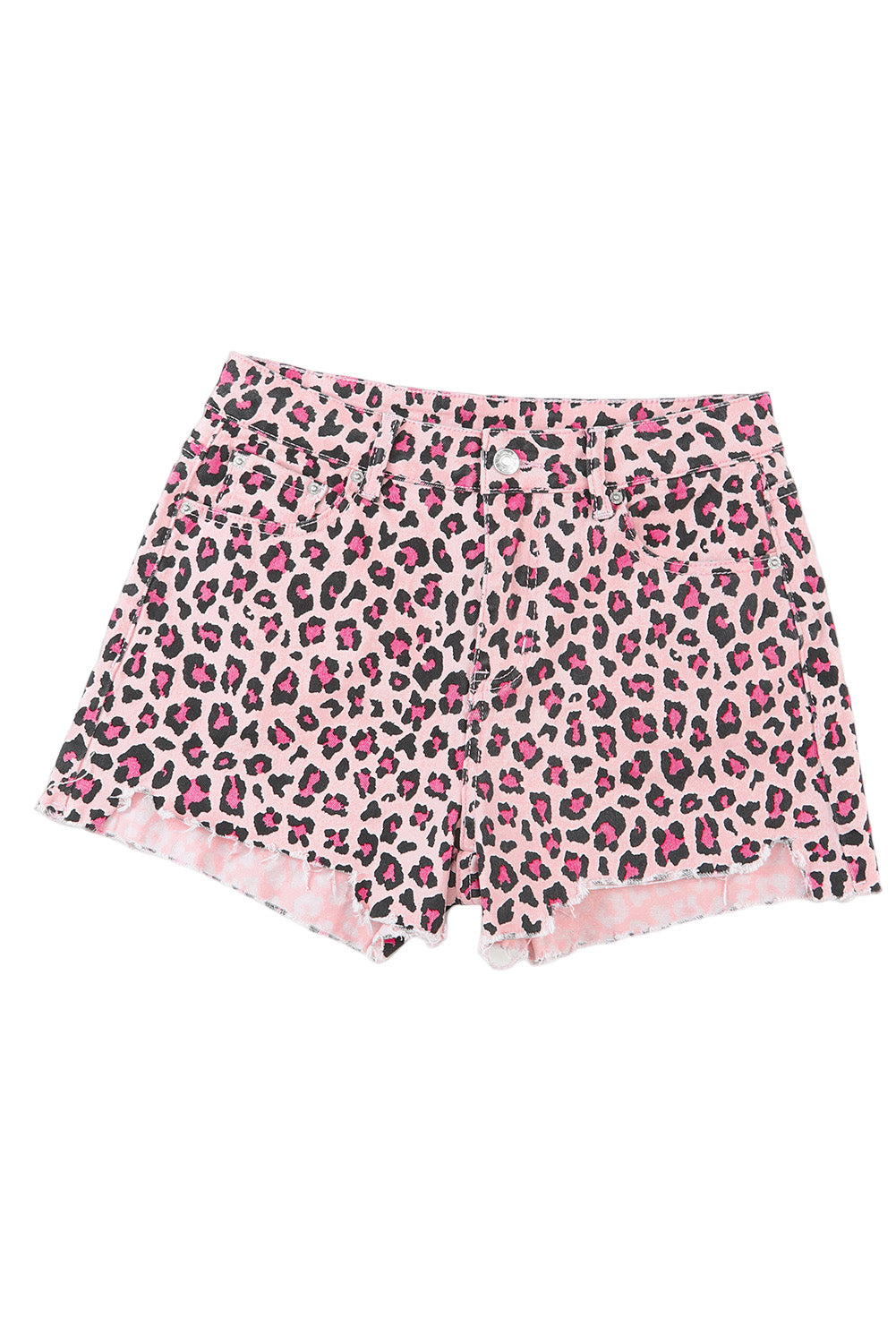Pink Leopard Print Raw Hem Denim Shorts