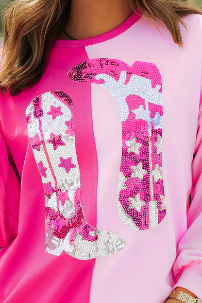 Pink Color Block Sequined Cowgirl Boots Graphic Sweatshirt I cease