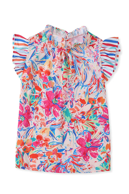 Multicolor Plus Sizie Striped Ruffle Sleeve Floral Blouse