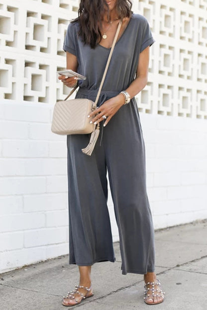 Gray Drawstring Waist Short Sleeve Wide Leg Jumpsuit