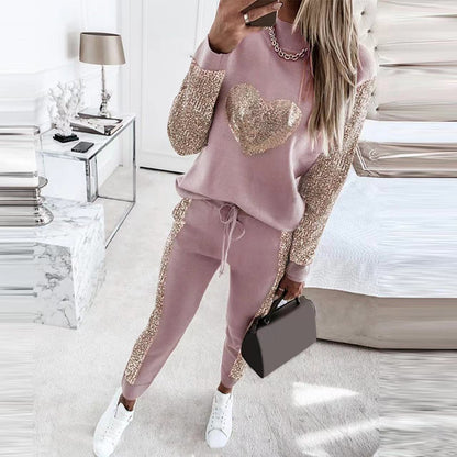 Women's Love Sequined Turtleneck Top And Trousers Casual Suit