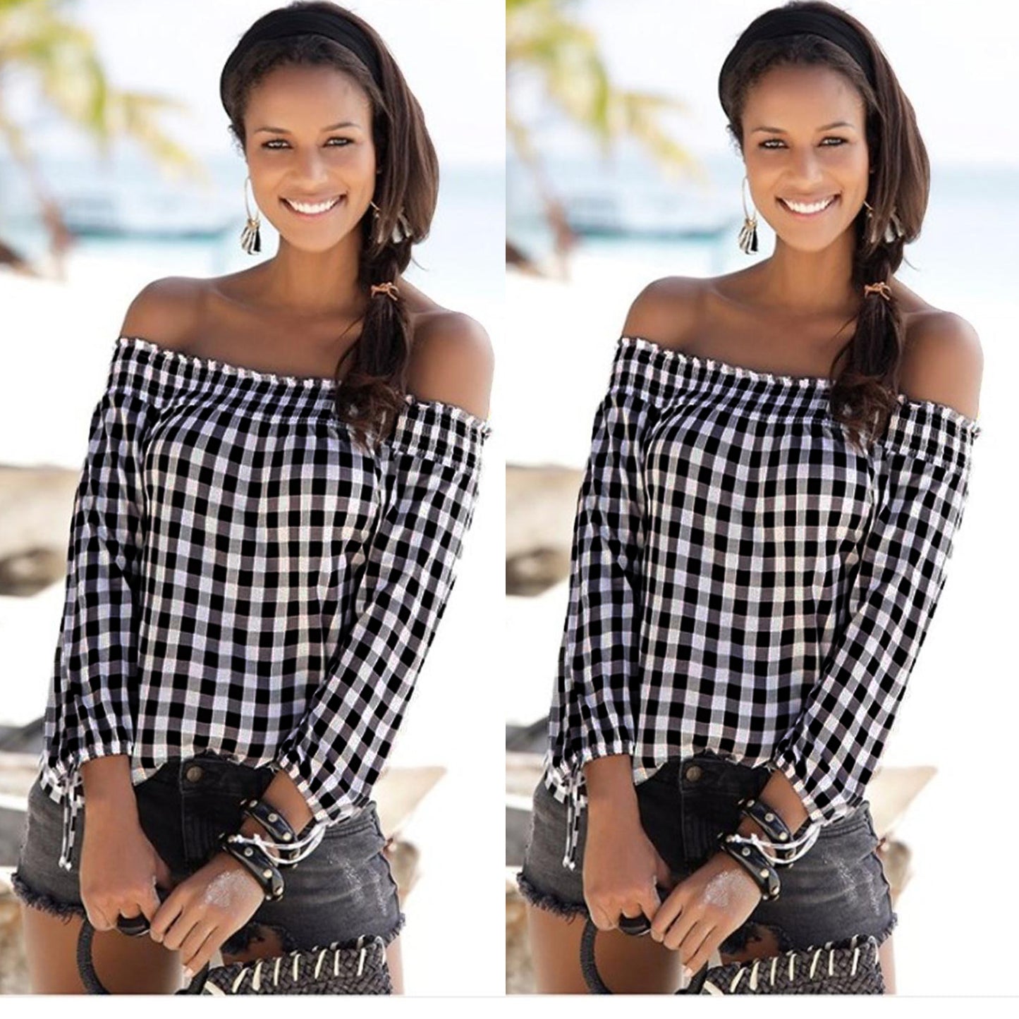 Elastic one-neck plaid all-match casual T-shirt top