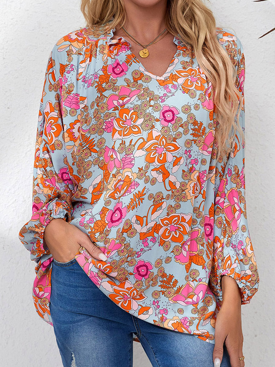 New Printed Chiffon Shirt Summer Thin V-neck