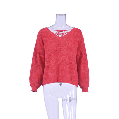 Long-sleeved V-neck strappy casual loose sweater