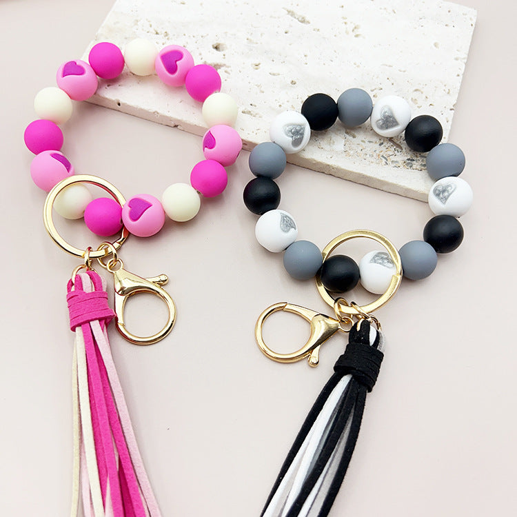 Cross-border Hot SellingVelvet Tassel Cute Small Peach Heart Silicone Beads Bracelet Keychain Female Bracelet Car Suitcase Hanger