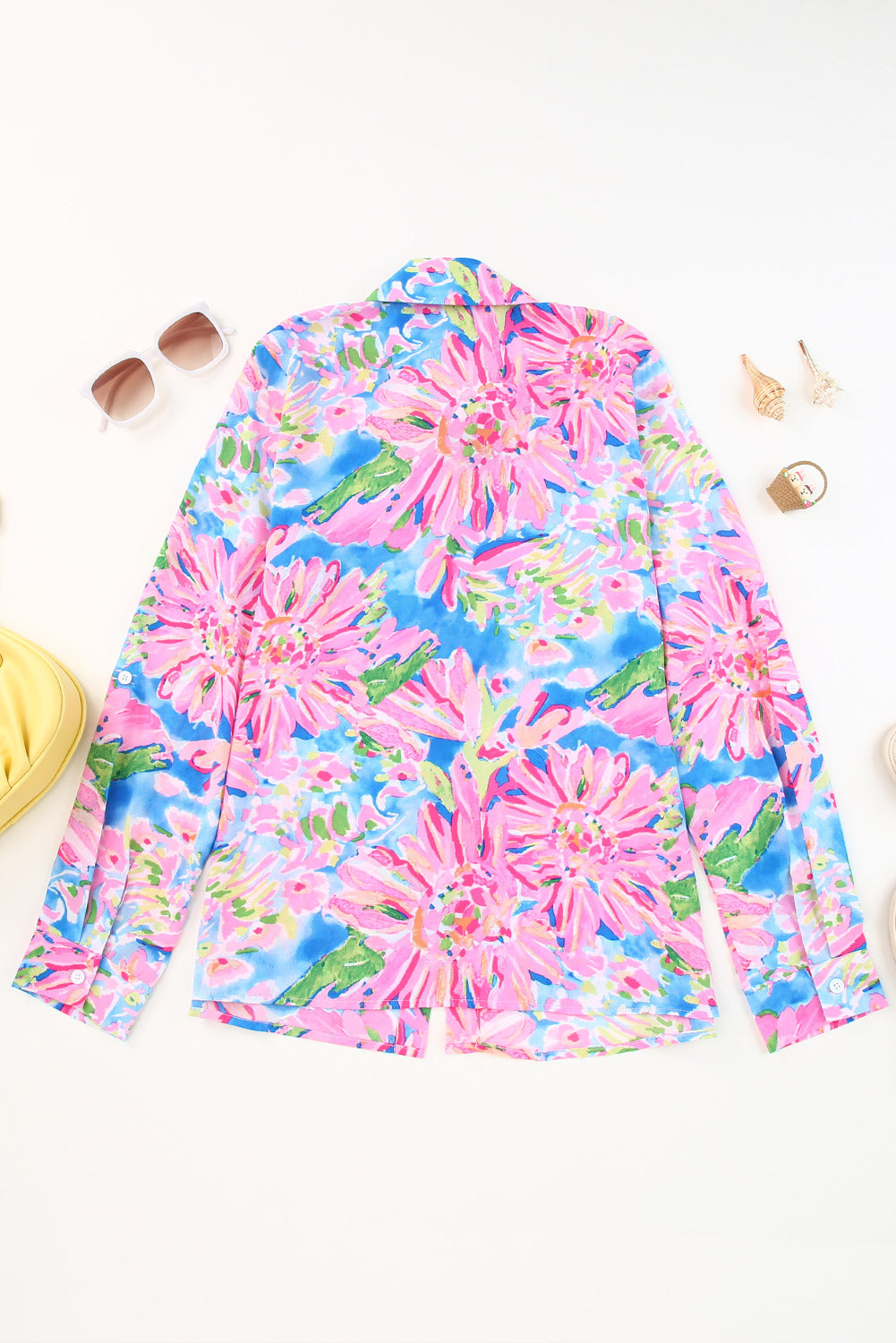 Pink Floral Print Buttoned V Neck Shirt