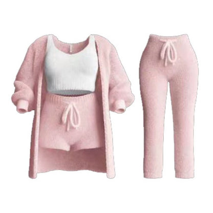 Autumn And Winter New Knitted Plush Long Sleeve Coat Vest Shorts Four-piece Set