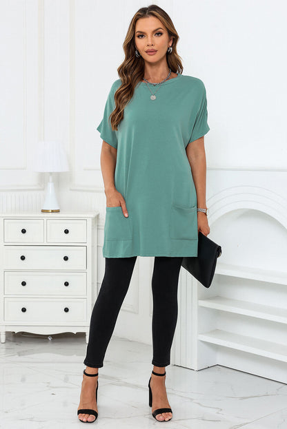 White Side Pockets Short Sleeve Tunic Top