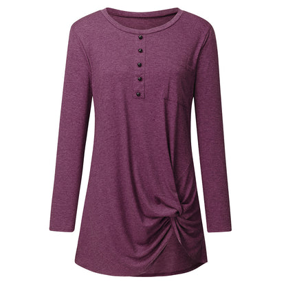 Solid Color Pullover Ladies Round Neck Pocket Long Sleeve Twisted Top